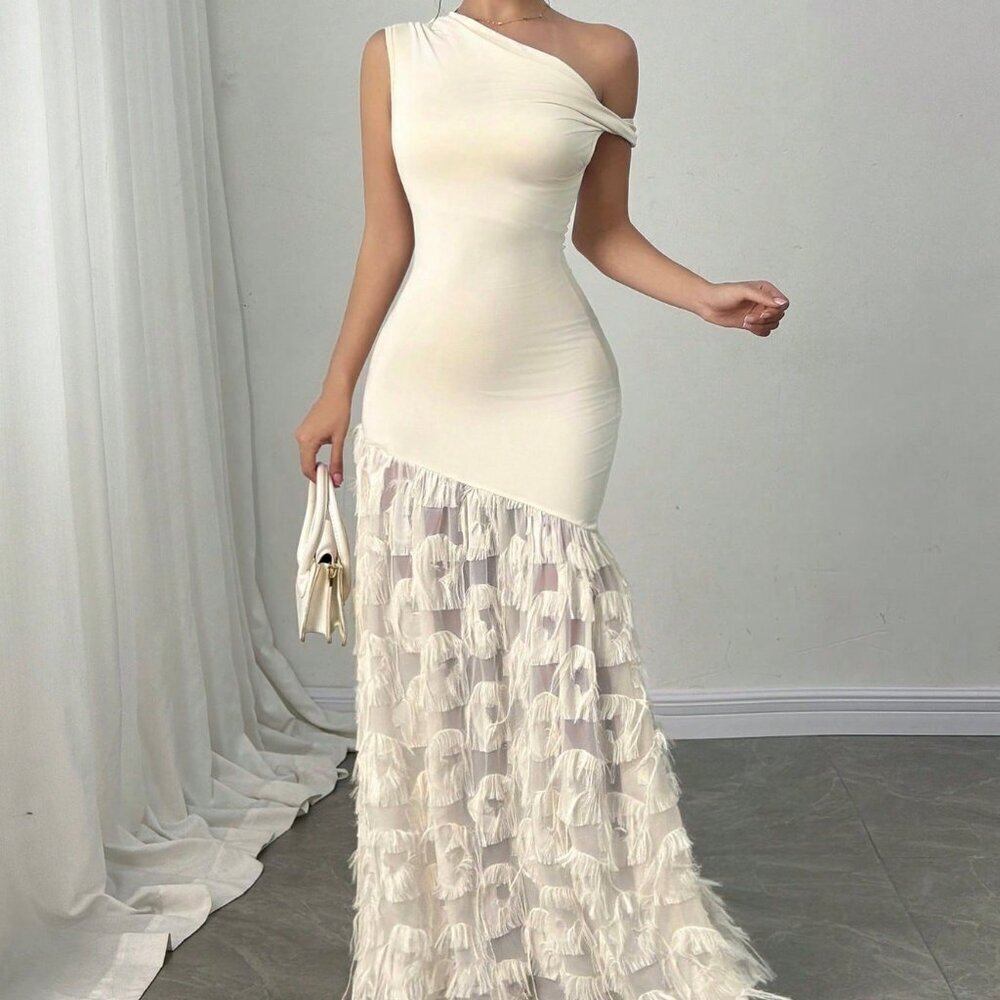 Apricot Elegant Women's Twist Shoulder Slim Fit Bodycon Fish Tail Jacquard Dress